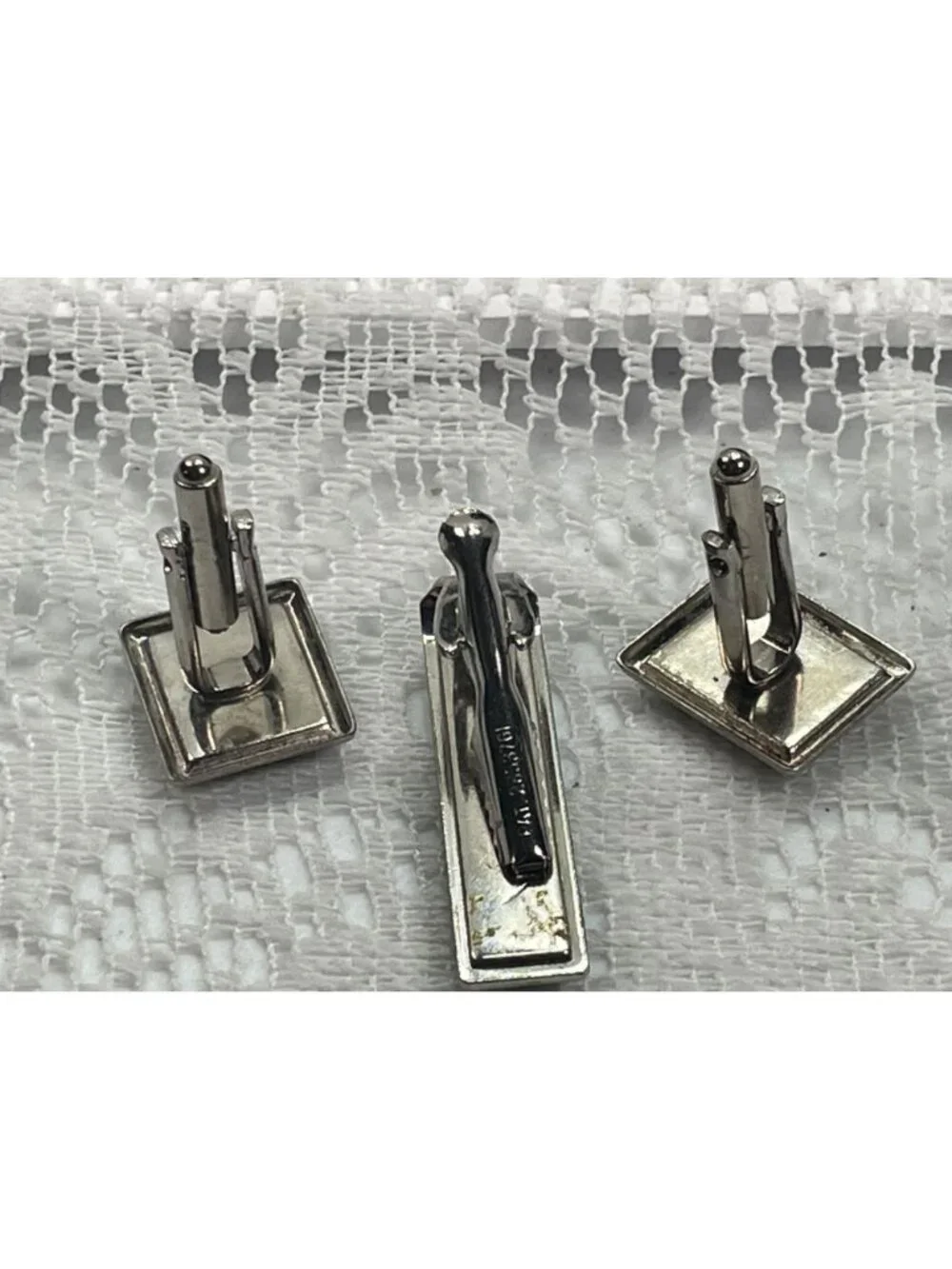 Set of 3 Men's Black Vintage cuff links and Tie clip set.